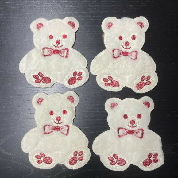Lot of 4 Large White Red Fuzzy Teddy Bear Plush Sew On Appliques Patches 6” - Picture 1 of 6